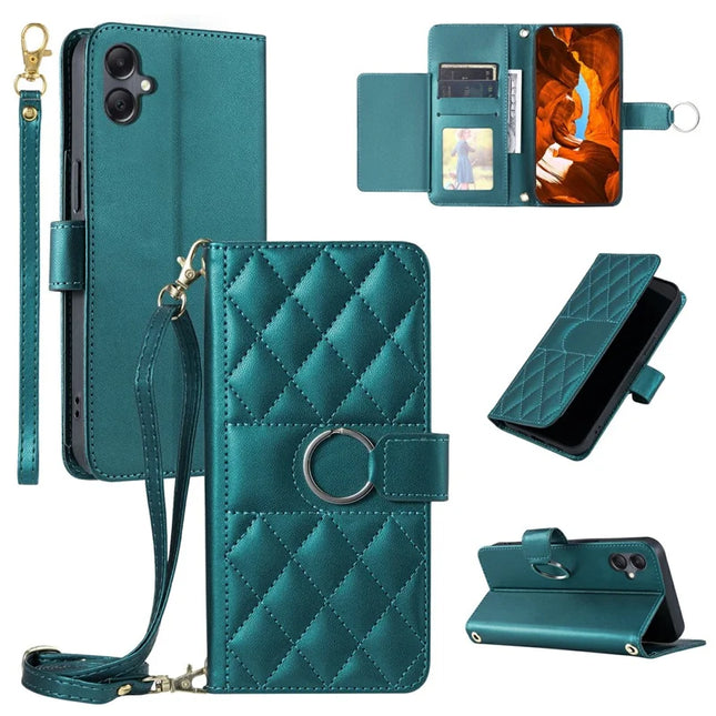 For Samsung Galaxy A05 4G Crossbody Leather Case Ring Buckle Wallet Stand Rhombus Mobile Cover - Green