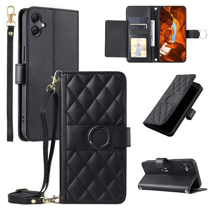 For Samsung Galaxy A05 4G Crossbody Leather Case Ring Buckle Wallet Stand Rhombus Mobile Cover - Black