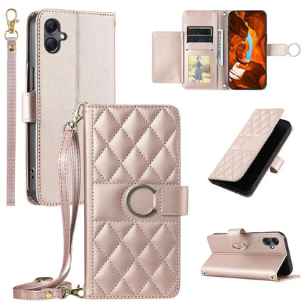 For Samsung Galaxy A05 4G Crossbody Leather Case Ring Buckle Wallet Stand Rhombus Mobile Cover - Rose Gold