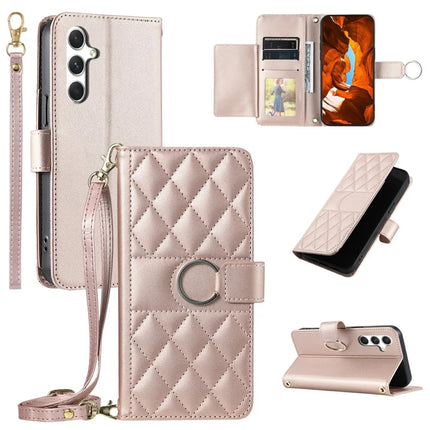 For Samsung Galaxy A05s 4G Crossbody Leather Case Ring Buckle Wallet Stand Rhombus Mobile Cover - Rose Gold