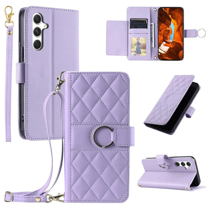 For Samsung Galaxy A05s 4G Crossbody Leather Case Ring Buckle Wallet Stand Rhombus Mobile Cover - Purple
