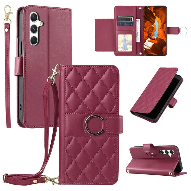 For Samsung Galaxy A55 5G Crossbody Leather Case Ring Buckle Wallet Stand Rhombus Mobile Cover - Red