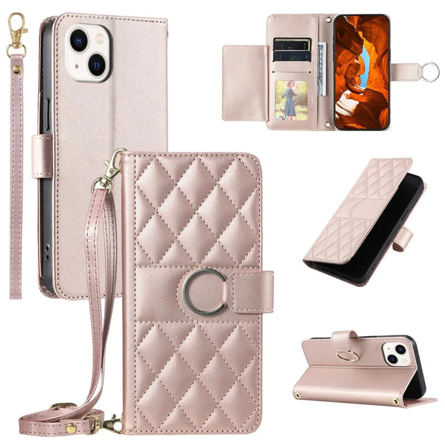 For iPhone 14 / 13 Crossbody Leather Case Ring Buckle Wallet Stand Rhombus Mobile Cover - Rose Gold