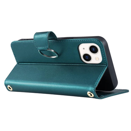 For iPhone 14 / 13 Crossbody Leather Case Ring Buckle Wallet Stand Rhombus Mobile Cover