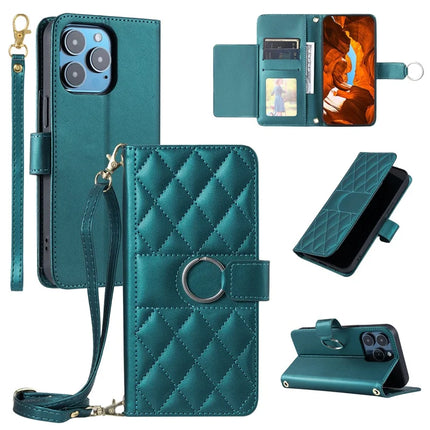 For iPhone 13 Pro Max Crossbody Leather Case Ring Buckle Wallet Stand Rhombus Mobile Cover - Green