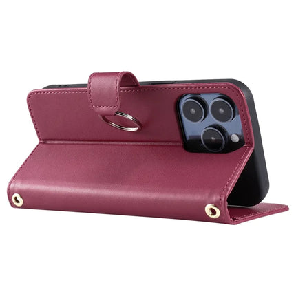 For iPhone 13 Pro Max Crossbody Leather Case Ring Buckle Wallet Stand Rhombus Mobile Cover