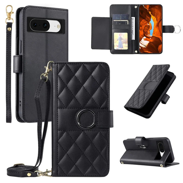 For Google Pixel 8 Crossbody Leather Case Ring Buckle Wallet Stand Rhombus Mobile Cover - Black