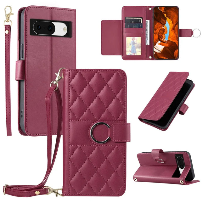 For Google Pixel 8 Crossbody Leather Case Ring Buckle Wallet Stand Rhombus Mobile Cover - Red