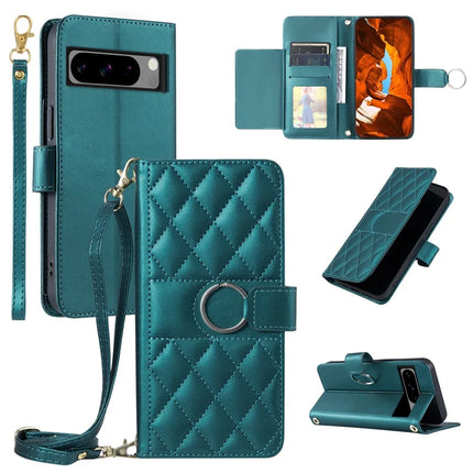 For Google Pixel 8 Pro Crossbody Leather Case Ring Buckle Wallet Stand Rhombus Mobile Cover - Green