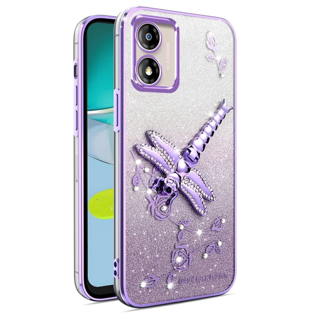 KADEM For Motorola Moto E13 4G Case Dragonfly Kickstand TPU Flowers Glitter Phone Cover - Purple
