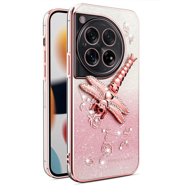 KADEM For OnePlus 12 5G Case Dragonfly Kickstand TPU Flowers Glitter Phone Cover - Pink