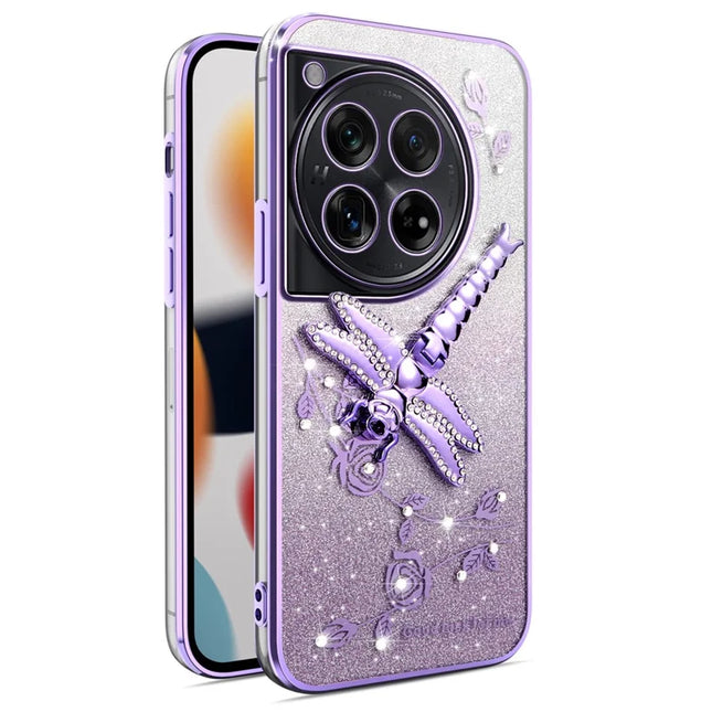 KADEM For OnePlus 12 5G Case Dragonfly Kickstand TPU Flowers Glitter Phone Cover - Purple