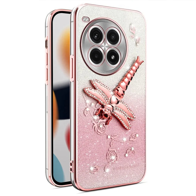 KADEM For OnePlus Ace 3 Pro 5G Case Dragonfly Kickstand TPU Flowers Glitter Phone Cover - Pink