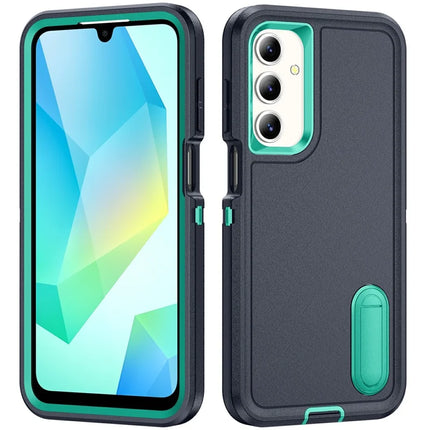 For Samsung Galaxy A16 4G / 5G Case Kickstand Phone Cover PC+Silicone+EVA 3-in-1 Design - Dark Blue+Light Cyan