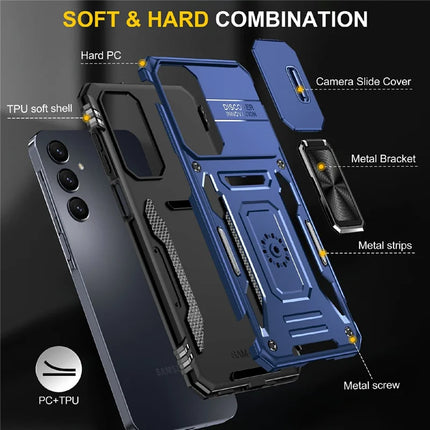For Samsung Galaxy A16 4G / 5G Case Kickstand Slide Lens Lid PC+TPU Drop-Proof Phone Cover