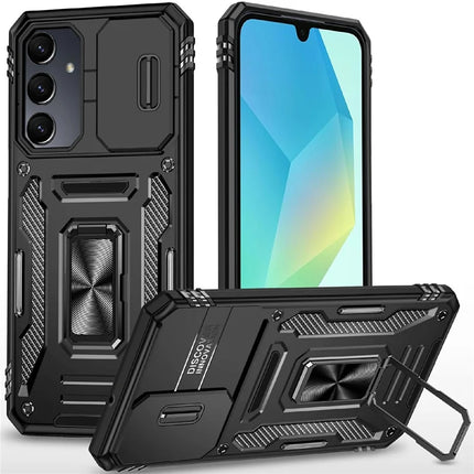 For Samsung Galaxy A16 4G / 5G Case Kickstand Slide Lens Lid PC+TPU Drop-Proof Phone Cover - Black
