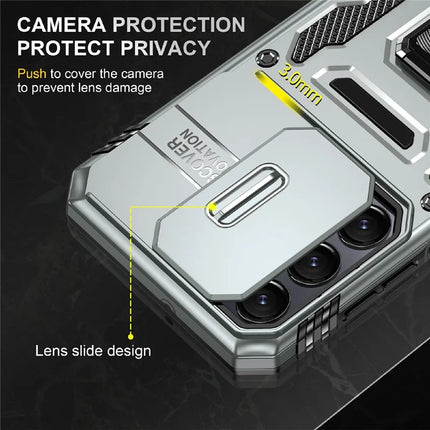 For Samsung Galaxy A16 4G / 5G Case Kickstand Slide Lens Lid PC+TPU Drop-Proof Phone Cover