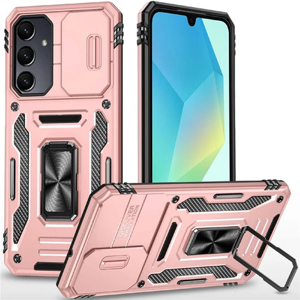 For Samsung Galaxy A16 4G / 5G Case Kickstand Slide Lens Lid PC+TPU Drop-Proof Phone Cover - Rose Gold