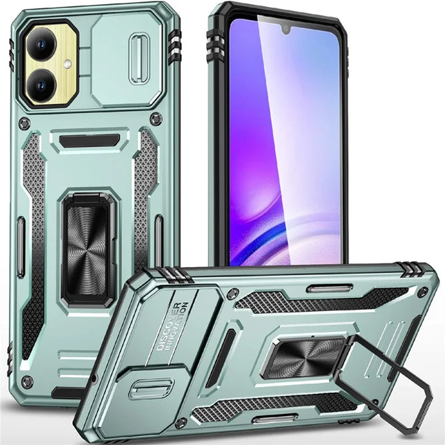 For Samsung Galaxy A06 Case Kickstand Slide Lens Lid PC+TPU Drop-Proof Phone Cover - Green