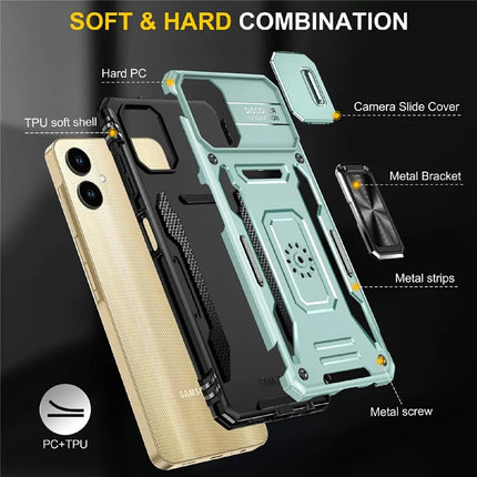 For Samsung Galaxy A06 Case Kickstand Slide Lens Lid PC+TPU Drop-Proof Phone Cover