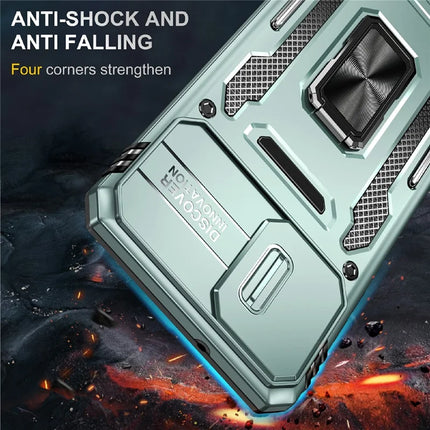 For Samsung Galaxy A06 Case Kickstand Slide Lens Lid PC+TPU Drop-Proof Phone Cover