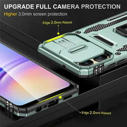 For Samsung Galaxy A06 Case Kickstand Slide Lens Lid PC+TPU Drop-Proof Phone Cover