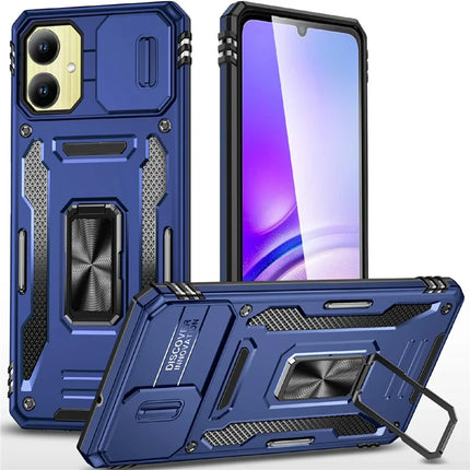 For Samsung Galaxy A06 Case Kickstand Slide Lens Lid PC+TPU Drop-Proof Phone Cover - Navy Blue