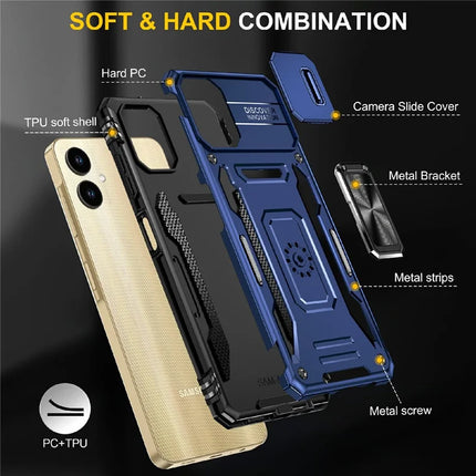 For Samsung Galaxy A06 Case Kickstand Slide Lens Lid PC+TPU Drop-Proof Phone Cover
