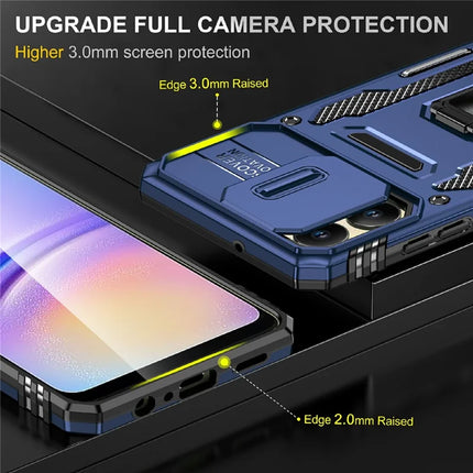 For Samsung Galaxy A06 Case Kickstand Slide Lens Lid PC+TPU Drop-Proof Phone Cover