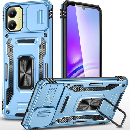 For Samsung Galaxy A06 Case Kickstand Slide Lens Lid PC+TPU Drop-Proof Phone Cover - Baby Blue