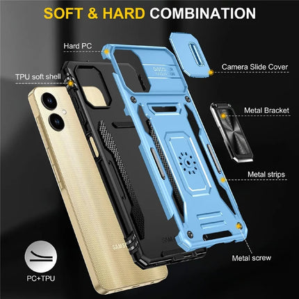 For Samsung Galaxy A06 Case Kickstand Slide Lens Lid PC+TPU Drop-Proof Phone Cover