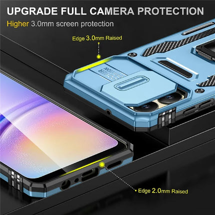 For Samsung Galaxy A06 Case Kickstand Slide Lens Lid PC+TPU Drop-Proof Phone Cover
