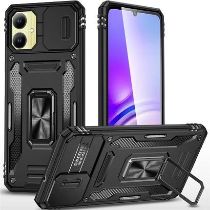 For Samsung Galaxy A06 Case Kickstand Slide Lens Lid PC+TPU Drop-Proof Phone Cover - Black