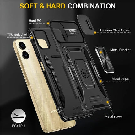 For Samsung Galaxy A06 Case Kickstand Slide Lens Lid PC+TPU Drop-Proof Phone Cover