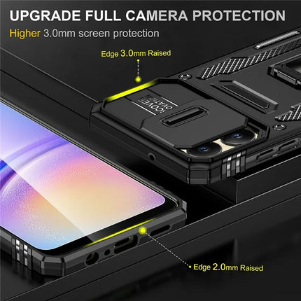 For Samsung Galaxy A06 Case Kickstand Slide Lens Lid PC+TPU Drop-Proof Phone Cover