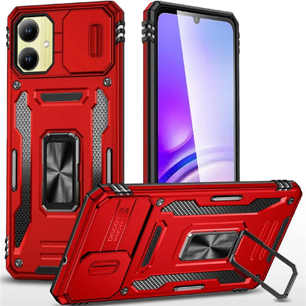 For Samsung Galaxy A06 Case Kickstand Slide Lens Lid PC+TPU Drop-Proof Phone Cover - Red