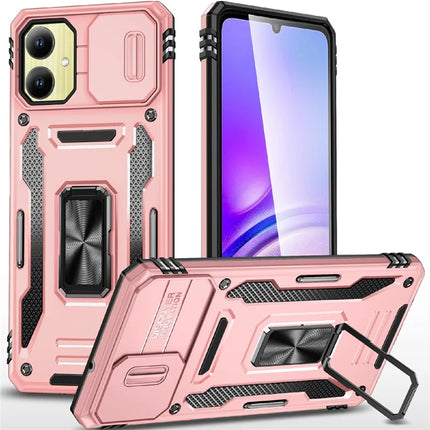 For Samsung Galaxy A06 Case Kickstand Slide Lens Lid PC+TPU Drop-Proof Phone Cover - Rose Gold