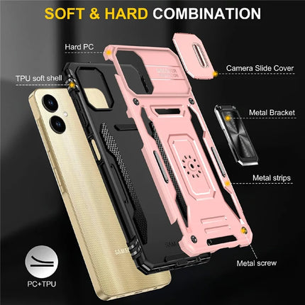 For Samsung Galaxy A06 Case Kickstand Slide Lens Lid PC+TPU Drop-Proof Phone Cover
