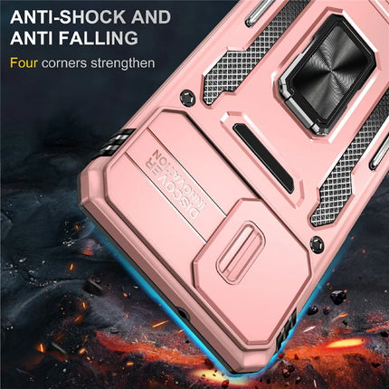 For Samsung Galaxy A06 Case Kickstand Slide Lens Lid PC+TPU Drop-Proof Phone Cover