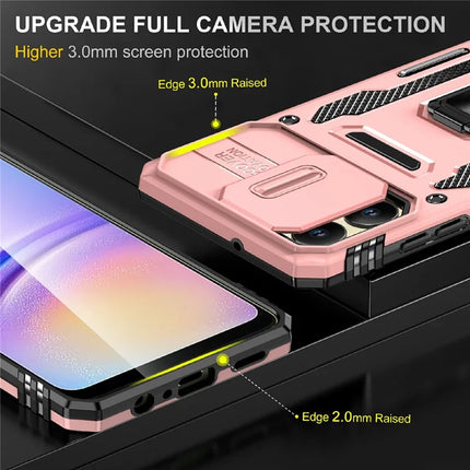 For Samsung Galaxy A06 Case Kickstand Slide Lens Lid PC+TPU Drop-Proof Phone Cover