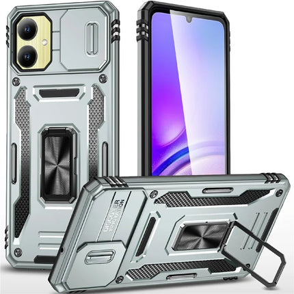For Samsung Galaxy A06 Case Kickstand Slide Lens Lid PC+TPU Drop-Proof Phone Cover - Grey