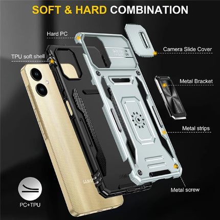 For Samsung Galaxy A06 Case Kickstand Slide Lens Lid PC+TPU Drop-Proof Phone Cover