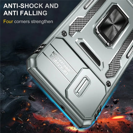For Samsung Galaxy A06 Case Kickstand Slide Lens Lid PC+TPU Drop-Proof Phone Cover