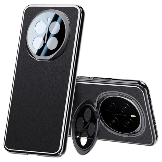 For Honor Magic7 5G Case with Lens Guard Kickstand Anti Drop TPU+PU Phone Back Cover - Black