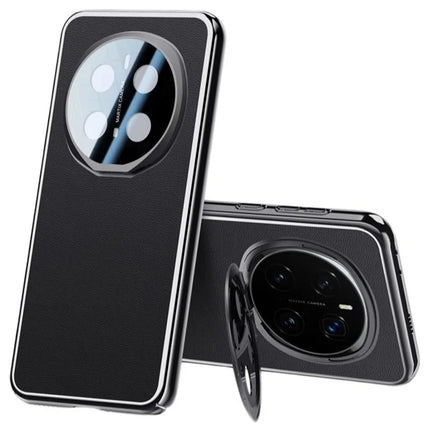 For Honor Magic7 Pro 5G Case with Lens Guard Kickstand Anti Drop TPU+PU Phone Back Cover - Black