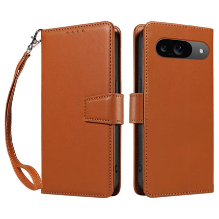 For Google Pixel 9 Case RFID Blocking Leather Wallet Flip Phone Cover with Wrist Strap - Light Brown