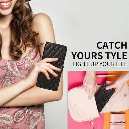 For iPhone 16 Pro Leather Case with Card Holder, RFID Blocking Wallet Phone Cover Rhombus Pattern