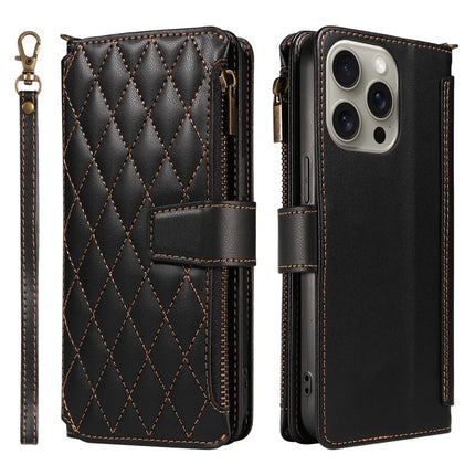 For iPhone 16 Pro Max Leather Case with Card Holder, RFID Blocking Wallet Phone Cover Rhombus Pattern - Black