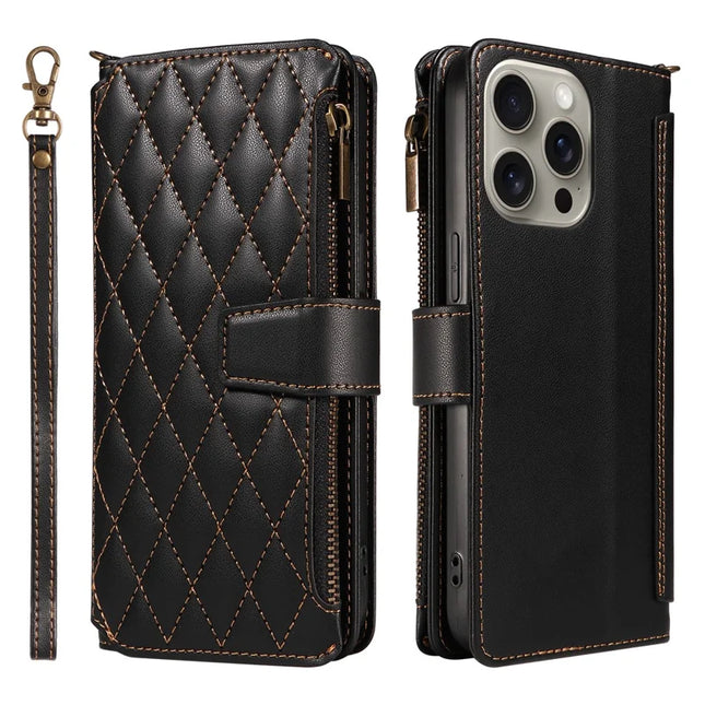 For iPhone 16 Pro Max Leather Case with Card Holder, RFID Blocking Wallet Phone Cover Rhombus Pattern - Black