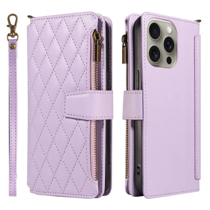For iPhone 16 Pro Max Leather Case with Card Holder, RFID Blocking Wallet Phone Cover Rhombus Pattern - Purple